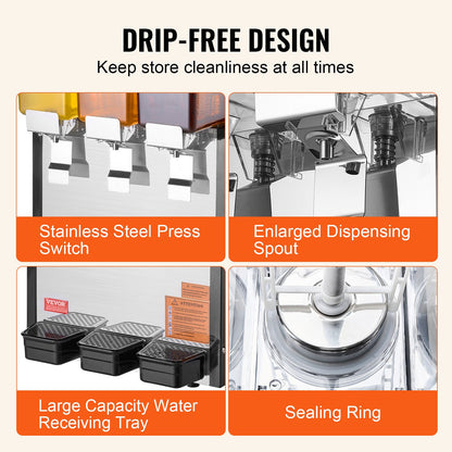 Commercial Beverage Dispenser, 3 Tanks 10 L Per Tank Juice Dispenser, 440W Stainless Steel Ice Tea Drink Machine with 45°F-54°F Cooling Temperature, for Cold Drink Restaurant Bar Party