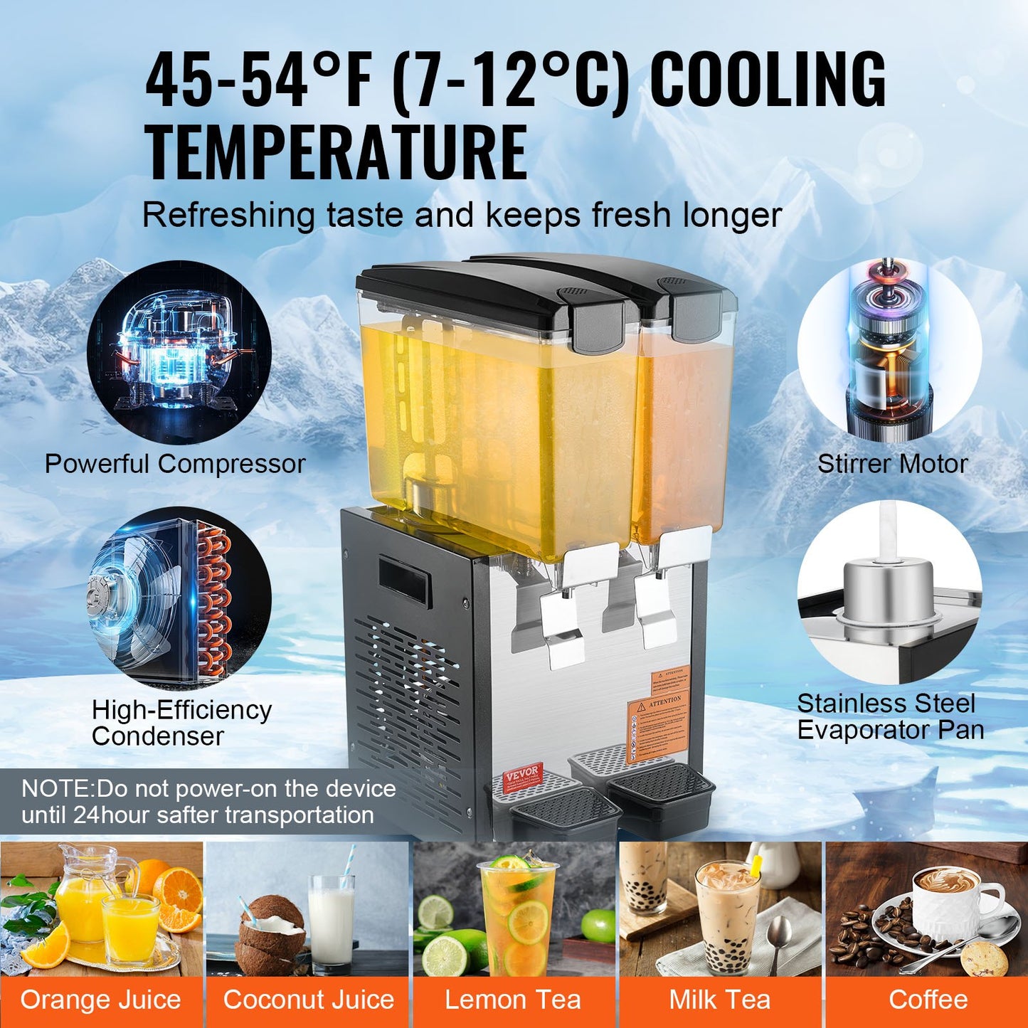 Commercial Beverage Dispenser, 2 Tanks 10 L Per Tank Juice Dispenser, 270W Stainless Steel Ice Tea Drink Machine with 45°F-54°F Cooling Temperature, for Cold Drink Restaurant Bar Party