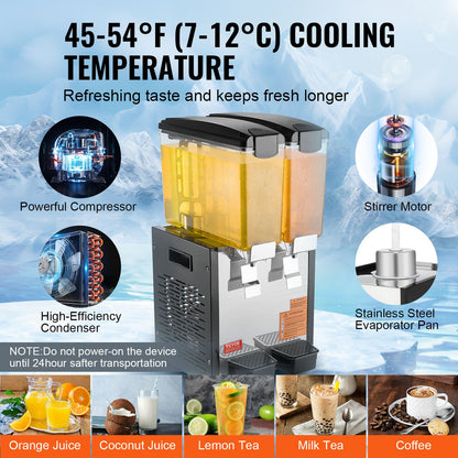 Commercial Beverage Dispenser, 2 Tanks 10 L Per Tank Juice Dispenser, 270W Stainless Steel Ice Tea Drink Machine with 45°F-54°F Cooling Temperature, for Cold Drink Restaurant Bar Party