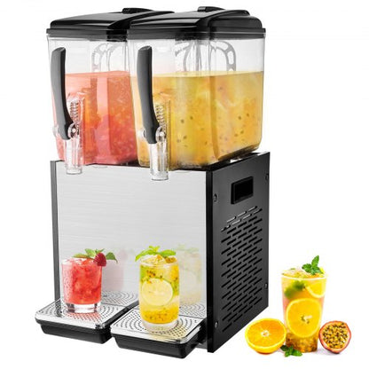 Commercial Beverage Dispenser, 2 Tanks 12 L Per Tank Juice Dispenser, 286W Stainless Steel Ice Tea Drink Machine with 45°F-54°F Cooling Temperature, for Cold Drink Restaurant Bar Party