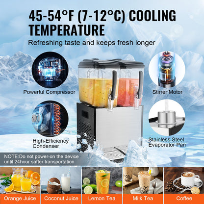 Commercial Beverage Dispenser, 2 Tanks 12 L Per Tank Juice Dispenser, 286W Stainless Steel Ice Tea Drink Machine with 45°F-54°F Cooling Temperature, for Cold Drink Restaurant Bar Party