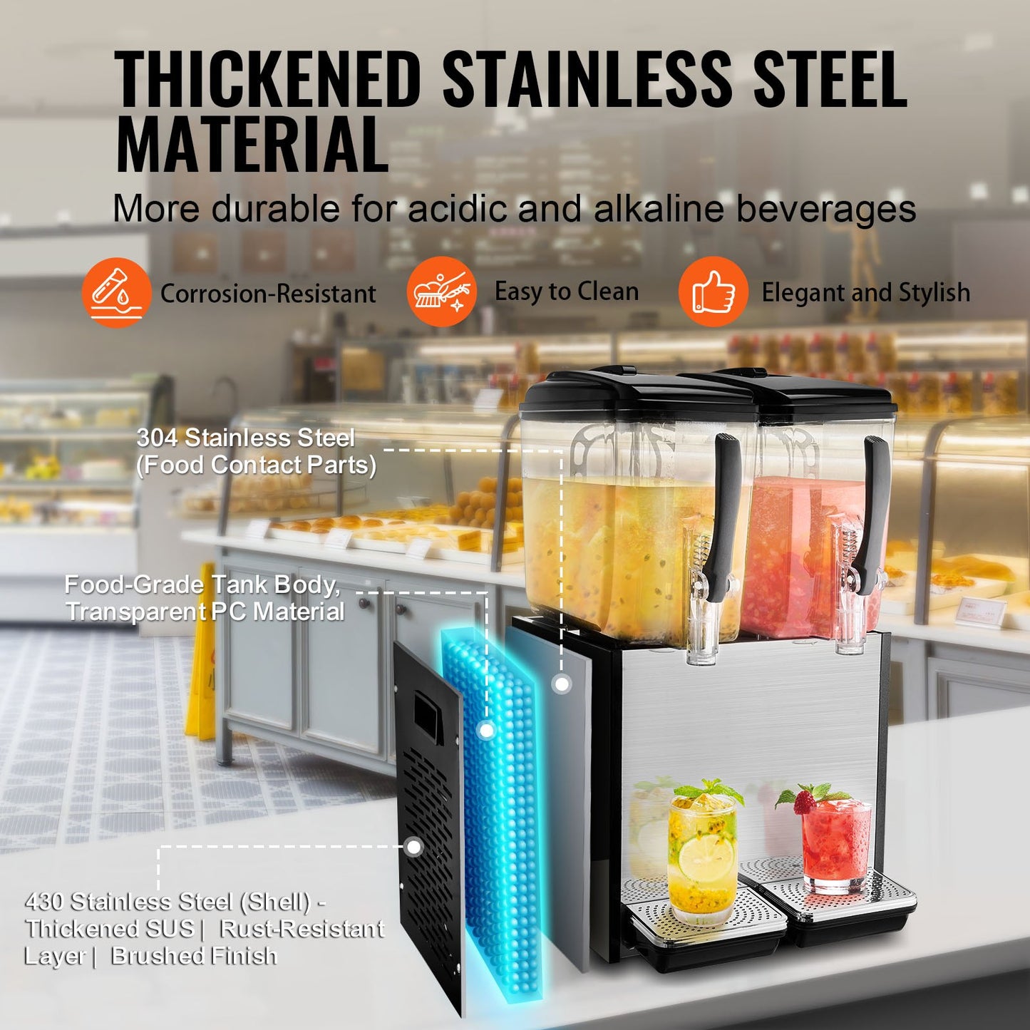 Commercial Beverage Dispenser, 2 Tanks 12 L Per Tank Juice Dispenser, 286W Stainless Steel Ice Tea Drink Machine with 45°F-54°F Cooling Temperature, for Cold Drink Restaurant Bar Party