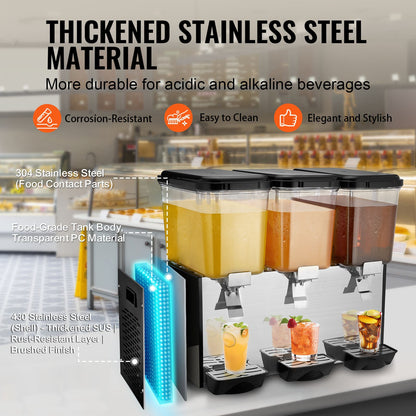 Kommersiell dryckesdispenser, 3 tankar 18 l juicedispenser per tank, 512W istemaskin i rostfritt stål med kyltemperatur på 45°F-54°F, för kalla drycker, restaurangbarfester