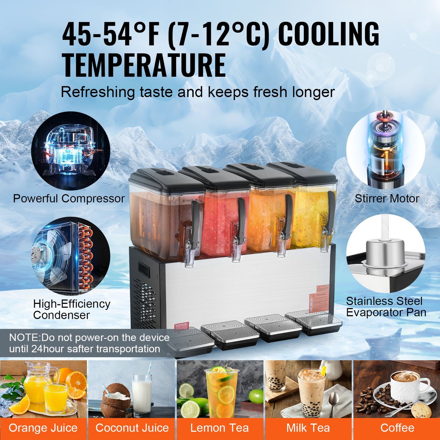 Commercial Beverage Dispenser, 4 Tanks 12 L Per Tank Juice Dispenser, 510W Stainless Steel Ice Tea Drink Machine with 45°F-54°F Cooling Temperature, for Cold Drink Restaurant Bar Party