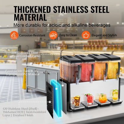 Commercial Beverage Dispenser, 4 Tanks 12 L Per Tank Juice Dispenser, 510W Stainless Steel Ice Tea Drink Machine with 45°F-54°F Cooling Temperature, for Cold Drink Restaurant Bar Party