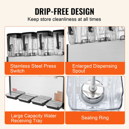 Commercial Beverage Dispenser, 4 Tanks 12 L Per Tank Juice Dispenser, 510W Stainless Steel Ice Tea Drink Machine with 45°F-54°F Cooling Temperature, for Cold Drink Restaurant Bar Party