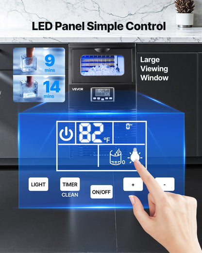 Kommersiell ismaskin, 40,82 kg/24 timmar med 5,44 kg förvaring, 32 kuber per cykel, fristående ismaskin i rostfritt stål för bänkskiva, LED-display och självrengöring, för hemmabar/restaurang
