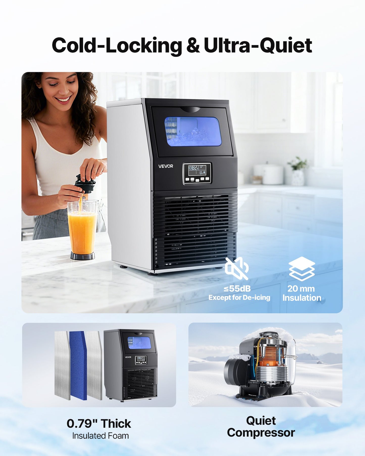 Kommersiell ismaskin, 40,82 kg/24 timmar med 5,44 kg förvaring, 32 kuber per cykel, fristående ismaskin i rostfritt stål för bänkskiva, LED-display och självrengöring, för hemmabar/restaurang