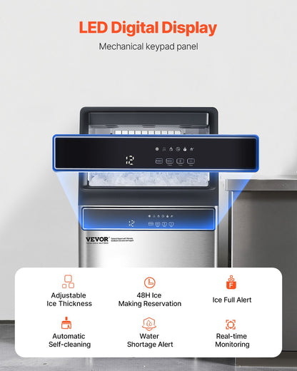 Commercial Ice Maker Machine, 110lbs/24H Ice Maker Machine with 33lbs Storage Capacity, 50 Ice Cubes in 15 Minutes, LED Digital Display Freestanding Self-Cleaning for Bar Office Restaurant