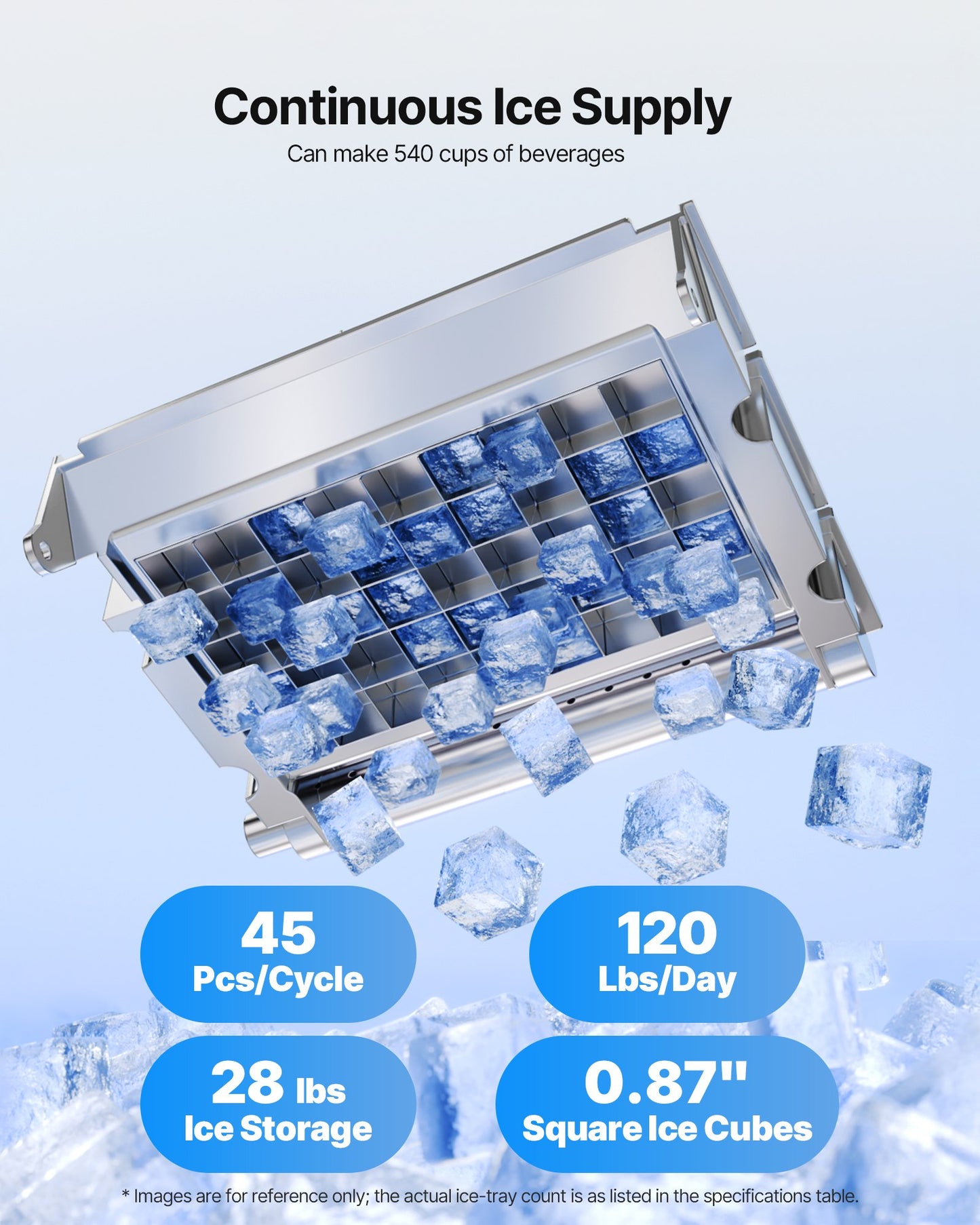 Kommersiell ismaskin, 54,43 kg/24 timmar med 12,7 kg förvaring, 45 kuber per cykel, fristående och underbänkismaskin i rostfritt stål med LED-display och självrengöring, för barrestaurang