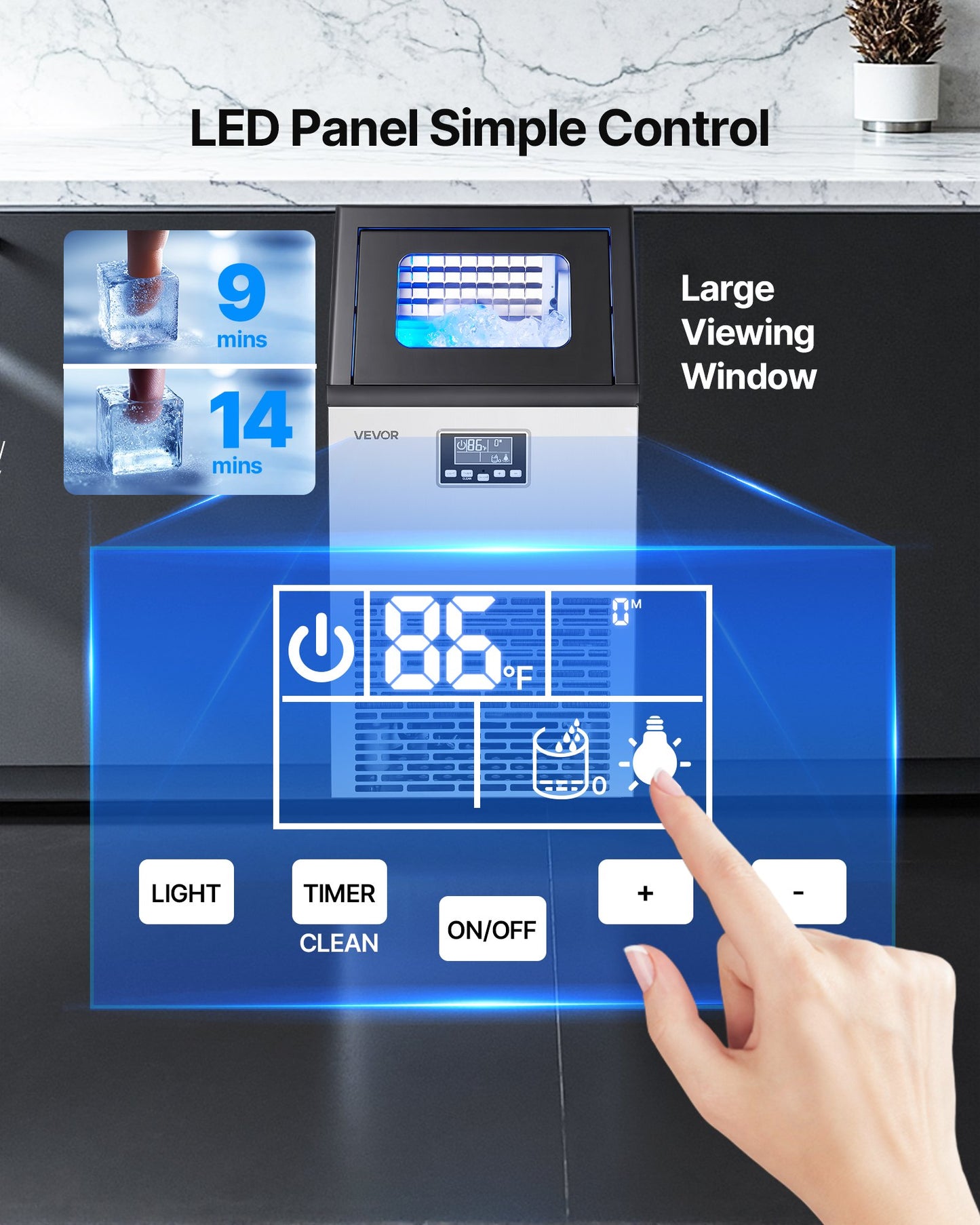 Kommersiell ismaskin, 54,43 kg/24 timmar med 12,7 kg förvaring, 45 kuber per cykel, fristående och underbänkismaskin i rostfritt stål med LED-display och självrengöring, för barrestaurang