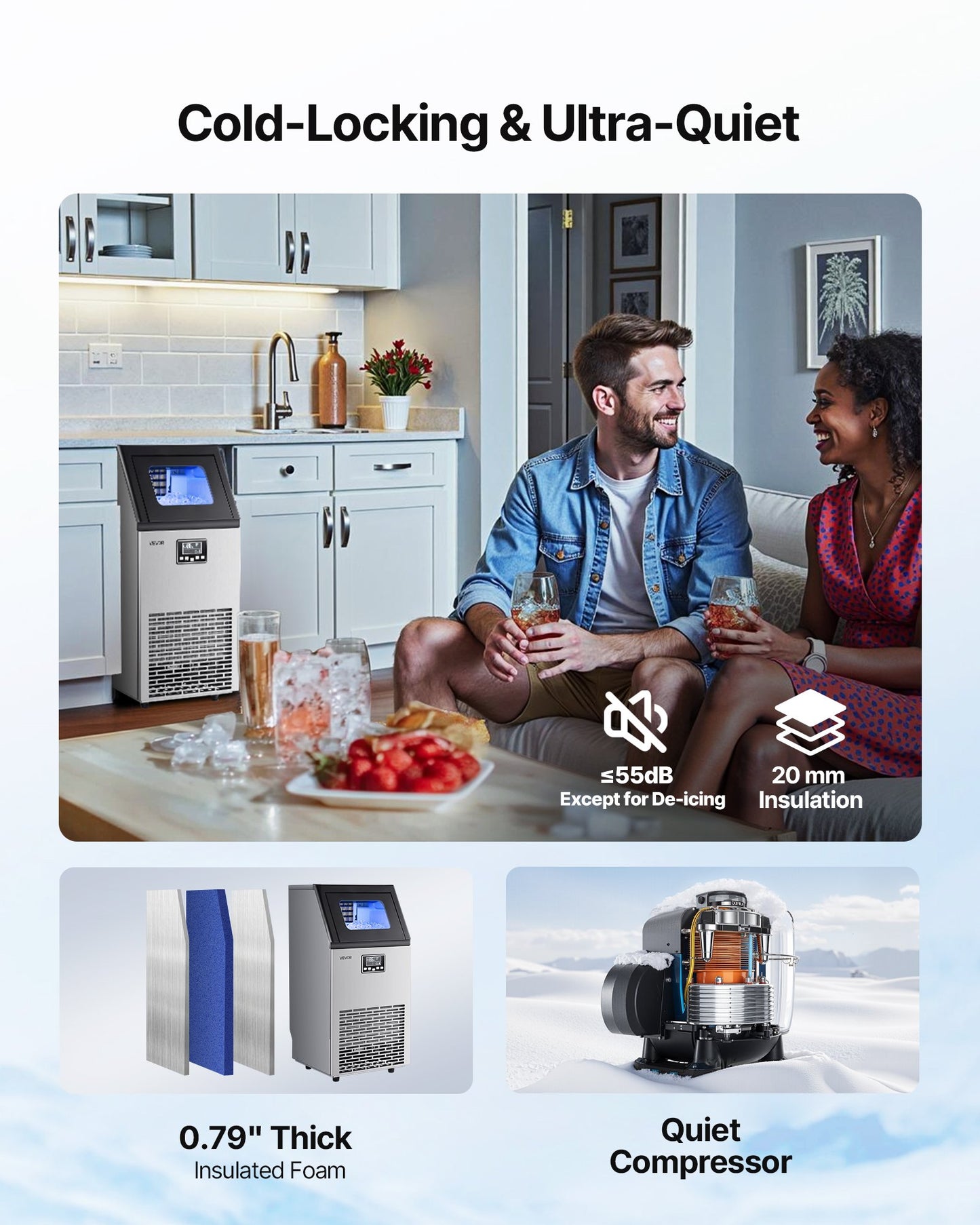 Kommersiell ismaskin, 54,43 kg/24 timmar med 12,7 kg förvaring, 45 kuber per cykel, fristående och underbänkismaskin i rostfritt stål med LED-display och självrengöring, för barrestaurang