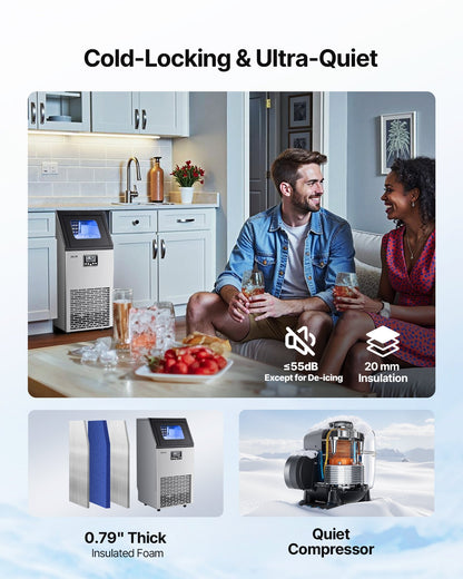 Kommersiell ismaskin, 54,43 kg/24 timmar med 12,7 kg förvaring, 45 kuber per cykel, fristående och underbänkismaskin i rostfritt stål med LED-display och självrengöring, för barrestaurang