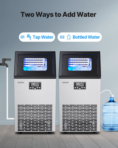 Kommersiell ismaskin, 54,43 kg/24 timmar med 12,7 kg förvaring, 45 kuber per cykel, fristående och underbänkismaskin i rostfritt stål med LED-display och självrengöring, för barrestaurang
