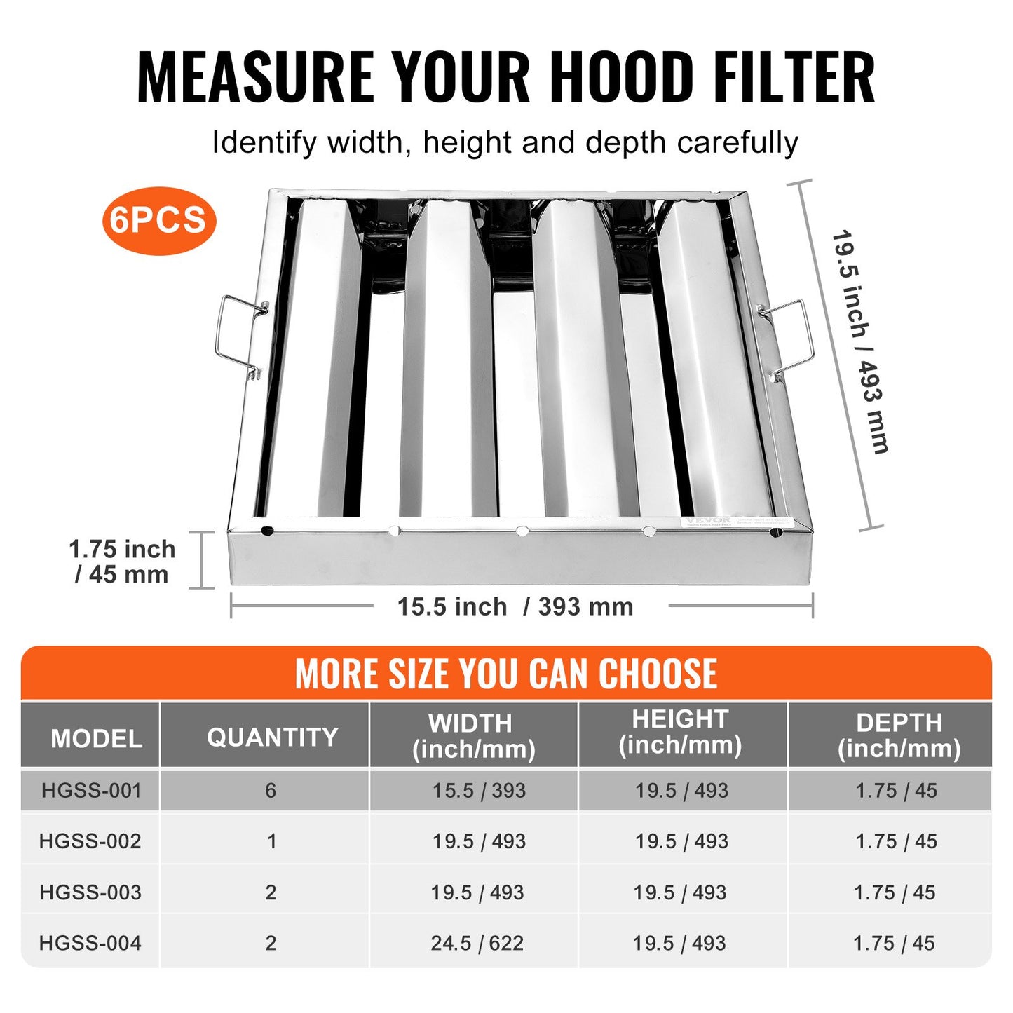 Commercial Hood Filter, 15.5W x 19.5H Inch Range Hood Filters, Stainless Steel Restaurant Range Hood Baffle Filter for Grease Rated Commercial Kitchen Exhaust Hoods, 3 Grooves, Pack of 6