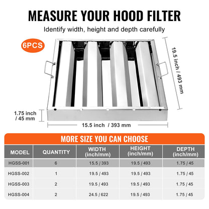 Commercial Hood Filter, 15.5W x 19.5H Inch Range Hood Filters, Stainless Steel Restaurant Range Hood Baffle Filter for Grease Rated Commercial Kitchen Exhaust Hoods, 3 Grooves, Pack of 6