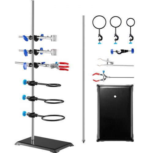 Lab Stand Support, Laboratory Retort Support Stand Set, Steel Lab Stand 59.9 cm Rod and 21.1 x 13.5 cm Cast Iron Base, Includes Flask Clamps, a Burette Clamp and Cross Clamps