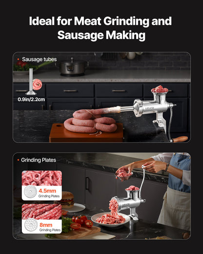 Manual Meat Grinder, 304 Stainless Steel Hand Meat Grinder with Steel Table Clamp, Meat Mincer Sausage Maker with 1 Cutting Blade, 2 Cutting Plates, Sausage Tube for Beef Pork Pepper Mushroom