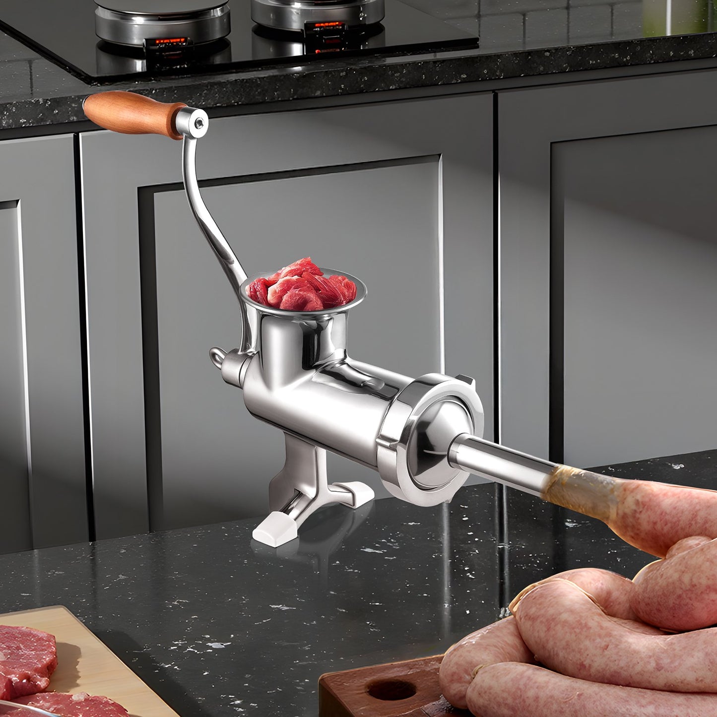 Manual Meat Grinder, 304 Stainless Steel Hand Meat Grinder with Steel Table Clamp, Meat Mincer Sausage Maker with 1 Cutting Blade, 2 Cutting Plates, Sausage Tube for Beef Pork Pepper Mushroom