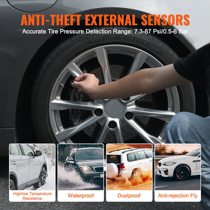 Däcktrycksövervakningssystem för husbil, 7.3-87 PSI släpvagns TPMS, universellt trådlöst billarmsystem, vattentätt TPMS-sensorset med solladdning, 4 sensorer, 5 larmlägen och realtidsvisning