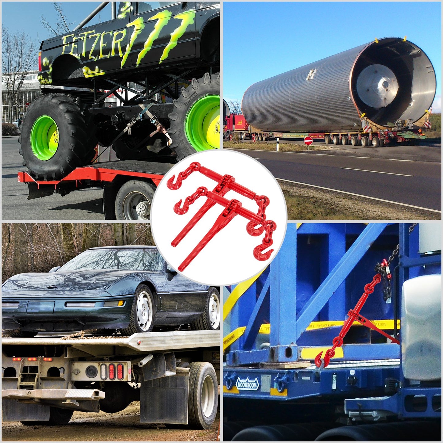 Kedjebindare 5/16-3/8, spärrlastbindare 6600lbs kapacitet, spärrspaksbindare med G70-krokar, justerbar längd, spärrkedjebindare för fastsurrning, transport, bogsering, röd