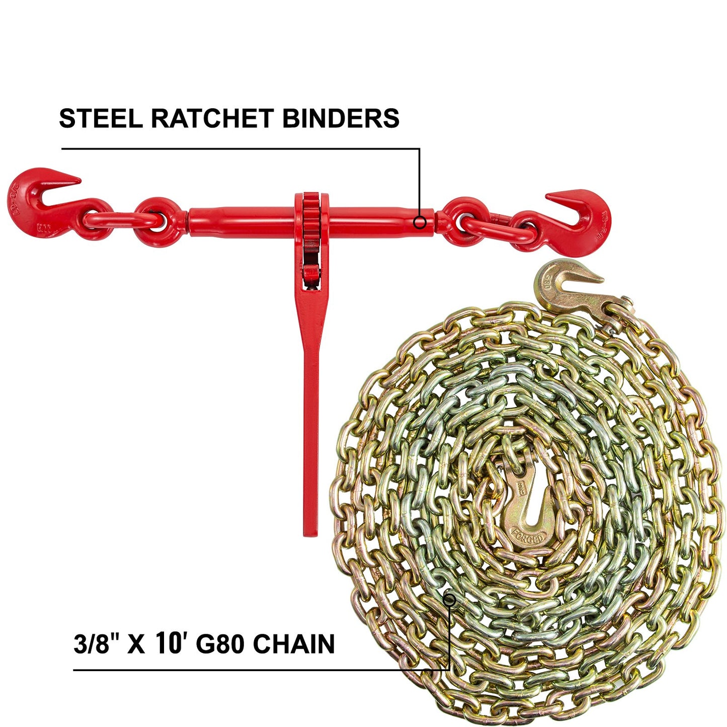 Chain and Binder Kit 3/8in-1/2in, Ratchet Load Binders 9215lbs Working Strength, Ratchet Binders and Chains, 3/8in x 10ft Chains with G70 Hooks, for Truck, Tie Down, Hauling, Towing