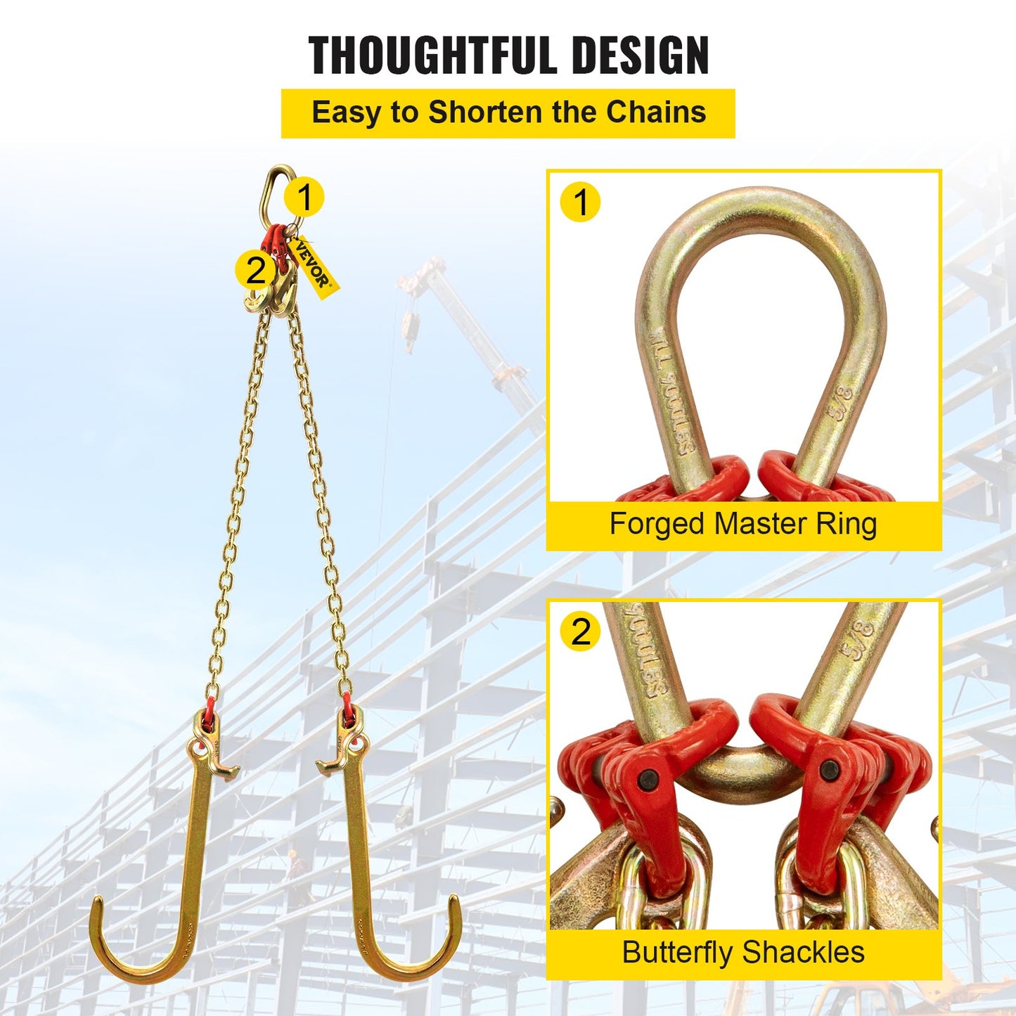 V Bridle Chain, 5/16 in x 2 ft Bridle Tow Chain, Grade 80 V-Bridle Transport Chain, 9260 Lbs Break Strength with TJ Hooks and Crab Hooks, Heavy Duty Pear Link Connector and Chain Shorteners