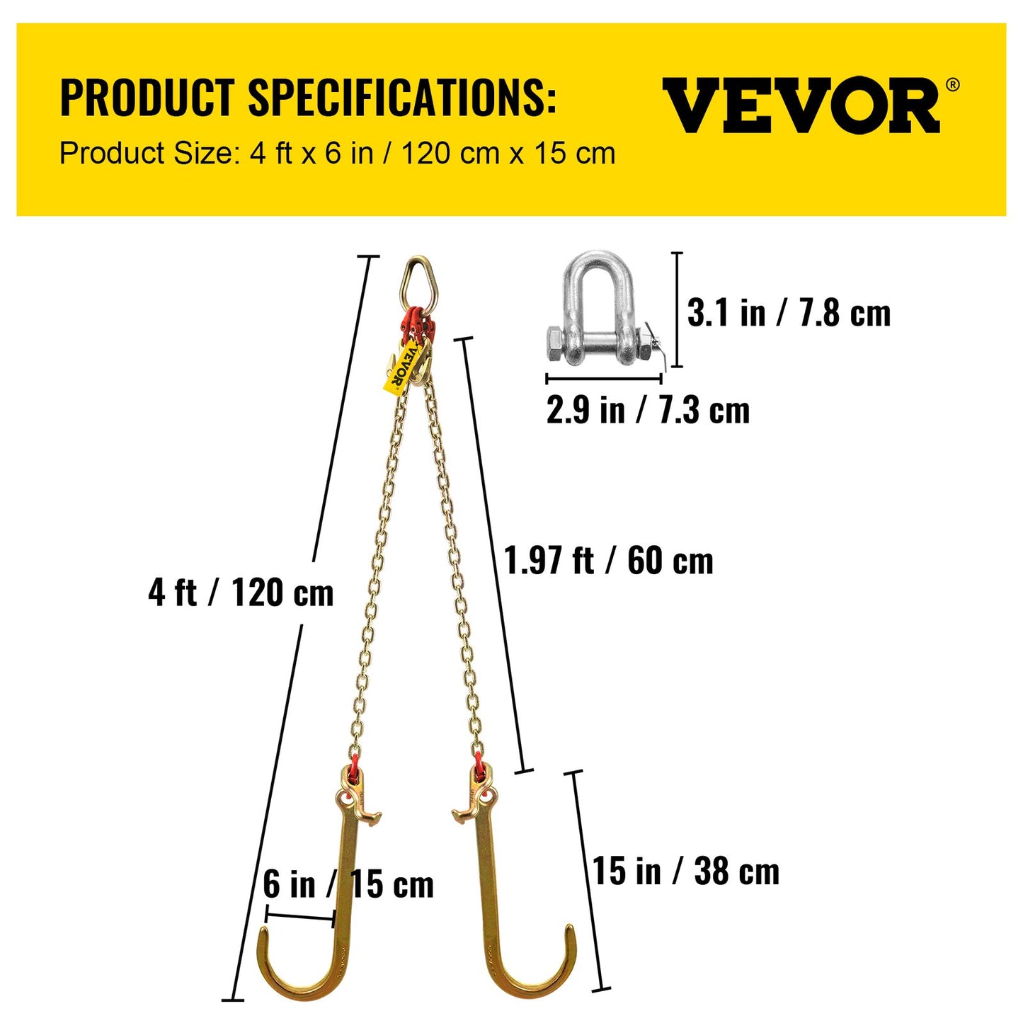 V Bridle Chain, 5/16 in x 2 ft Bridle Tow Chain, Grade 80 V-Bridle Transport Chain, 9260 Lbs Break Strength with TJ Hooks and Crab Hooks, Heavy Duty Pear Link Connector and Chain Shorteners