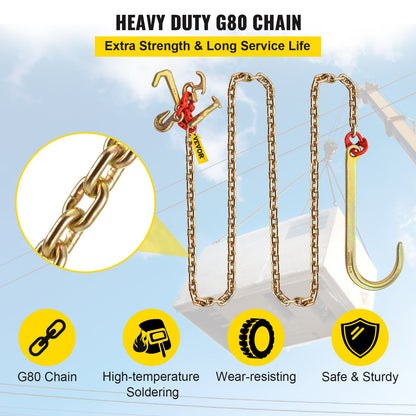 J Hook Chain, 5/16 in x 10 ft Bridle Tow Chain, G80 Bridle Transport Chain, Alloy Steel Chain with 2 G70 J Hooks, 9260 Lbs Break Strength Tow Hooks for Trucks, J Hooks Towing Straps 2PCS