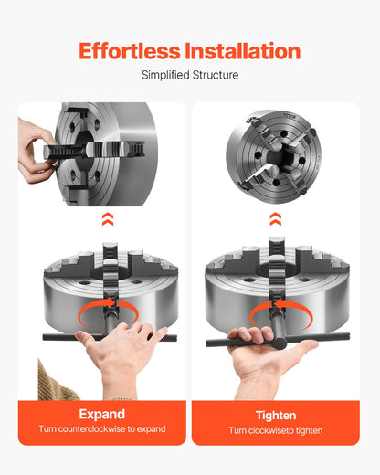 4-Jaw Lathe Chuck, 10 in (250 mm), Lathe Chuck, 0.6-9.84 in (15-250 mm) Clamping Range with T-key Fixing Screws Reversible Jaws, HT300 Cast Iron Material, Internal External for Wood Metal Lathe
