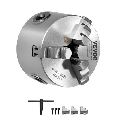 3-käfts svarvchuck, 80 mm (3 tum), självcentrerande chuck, 2–63 mm (0,08–2,48 tum) spännområde med T-nyckelfästskruvar, vändbara käftar, HT300-material, invändig utvändig för trä- och metallsvarv