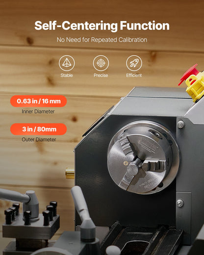 3-käfts svarvchuck, 80 mm (3 tum), självcentrerande chuck, 2–63 mm (0,08–2,48 tum) spännområde med T-nyckelfästskruvar, vändbara käftar, HT300-material, invändig utvändig för trä- och metallsvarv