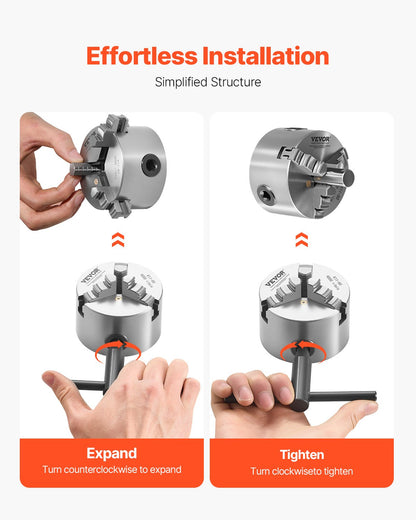 3-käfts svarvchuck, 80 mm (3 tum), självcentrerande chuck, 2–63 mm (0,08–2,48 tum) spännområde med T-nyckelfästskruvar, vändbara käftar, HT300-material, invändig utvändig för trä- och metallsvarv
