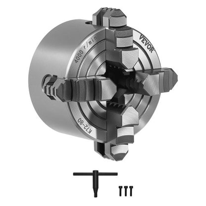 4-käftschuck, 80 mm (3 tum), 4-käftschuck, 5-80 mm (0,1-3,15 tum) spännområde med T-nyckelfästskruvar, vändbara käftar, HT300-material, invändig utvändig för trä- och metallsvarv