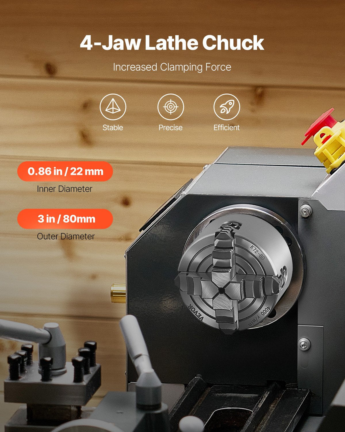 4-käftschuck, 80 mm (3 tum), 4-käftschuck, 5-80 mm (0,1-3,15 tum) spännområde med T-nyckelfästskruvar, vändbara käftar, HT300-material, invändig utvändig för trä- och metallsvarv