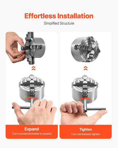 4-käftschuck, 80 mm (3 tum), 4-käftschuck, 5-80 mm (0,1-3,15 tum) spännområde med T-nyckelfästskruvar, vändbara käftar, HT300-material, invändig utvändig för trä- och metallsvarv