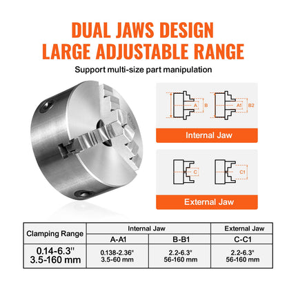 3-Jaw Lathe Chuck, 6'', Self-Centering Lathe Chuck, 0.14- 6.3 in/3.5-160 mm Clamping Range with T-key Fixing Screws Reversible Jaws, for Lathe 3D Printer Machining Center Milling Drilling Machin