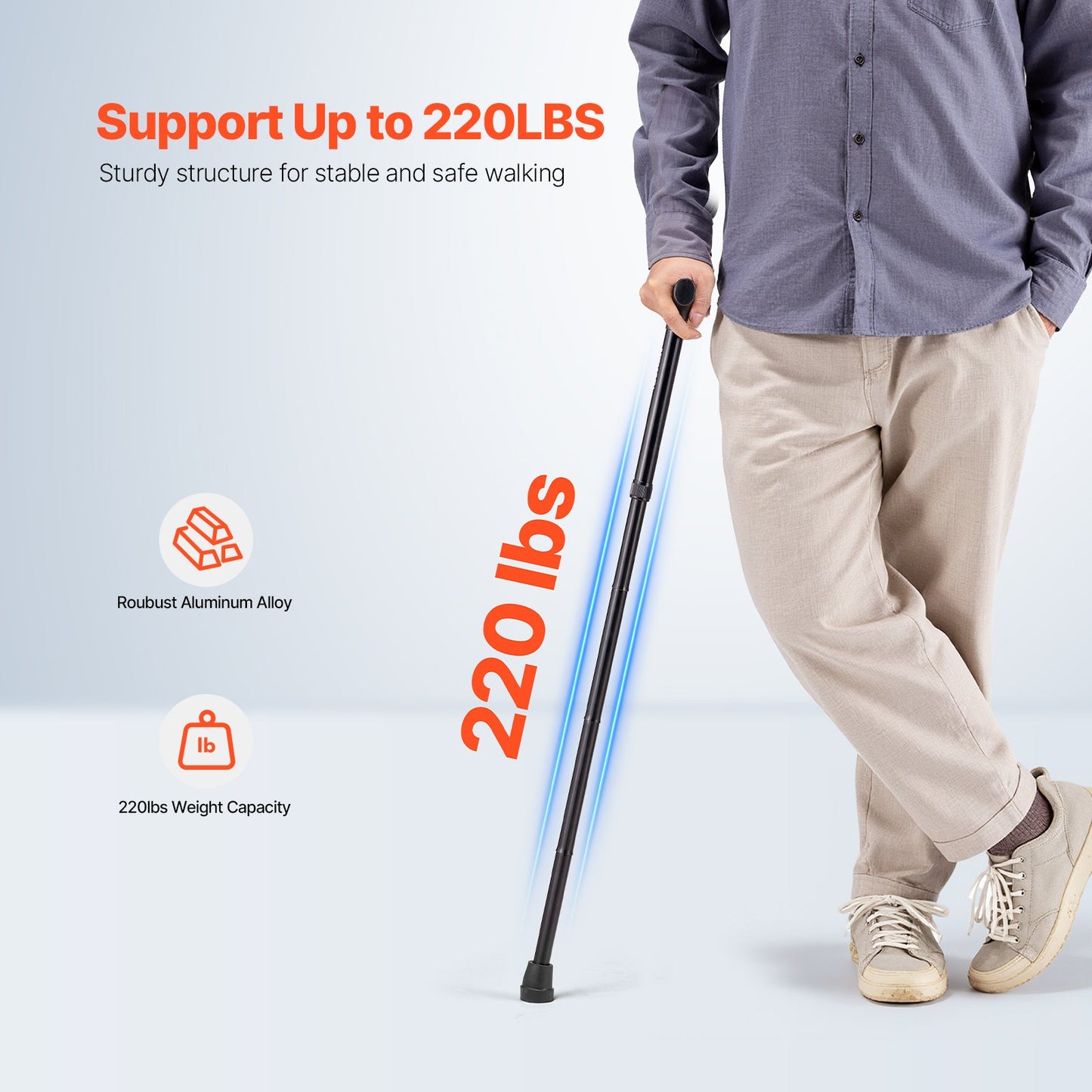 Walking Cane for Man Woman, Folding Walking Stick with 5-Level Adjustable Height & Anti-Slip Rubber Tip, Lightweight and Portable Aluminum Mobility Walking Aid for Seniors Adults, 220LBS Loading