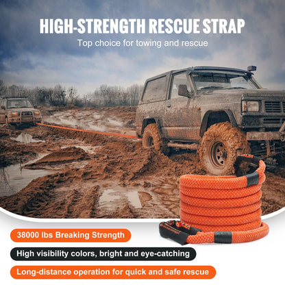 1" (2,54 cm) x 20'/6,1 m kinetisk bärgningslina 38 000 lbs/17 237,5 kg, kraftig terrängrem, extremt slitstark 30 % elastisk energirem för jeep bil lastbil ATV UTV SUV traktor