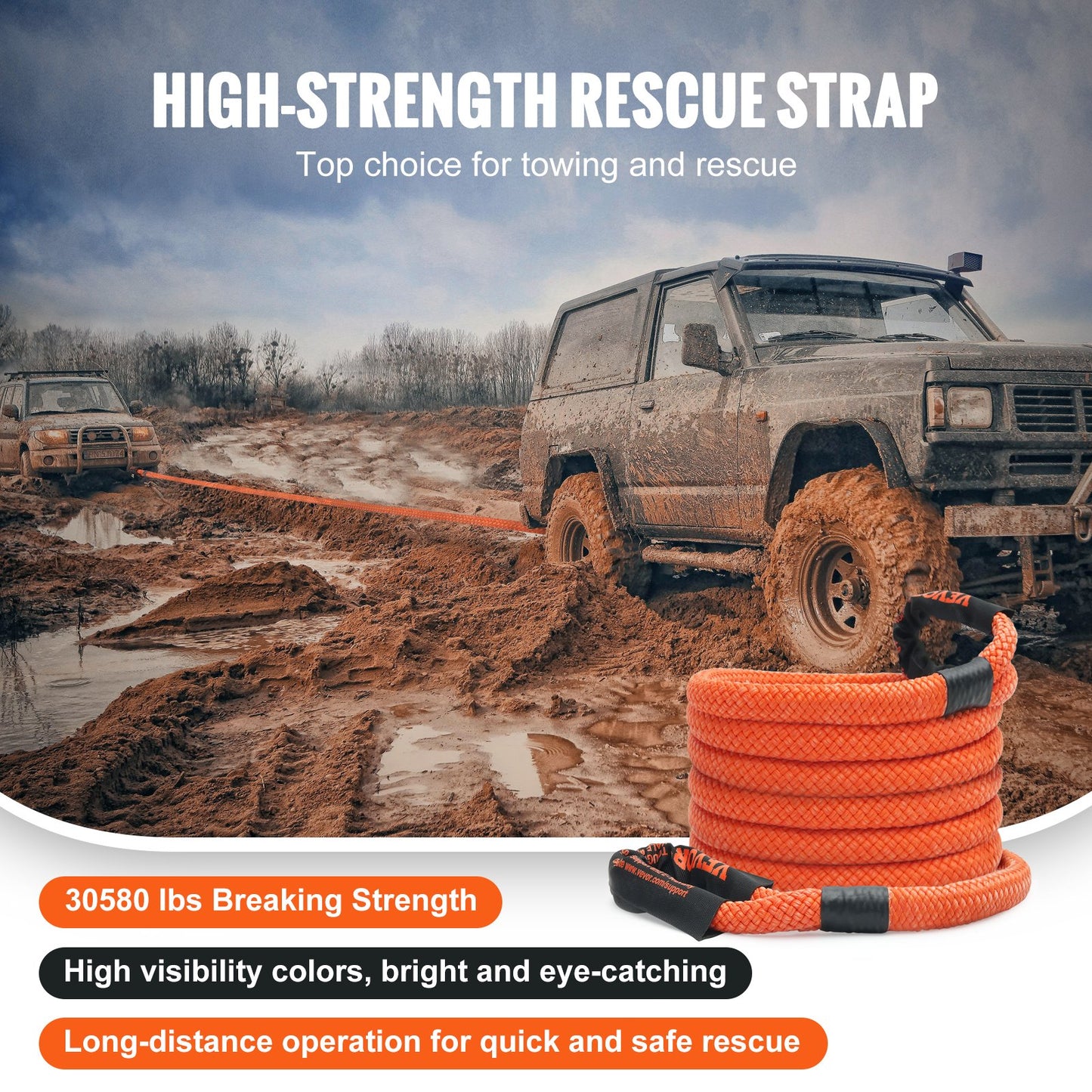 7/8" (2.2 cm) x 20'/6.1 m Kinetic Recovery Tow Rope 30,580 lbs/13,876.4 kg, Heavy-Duty Off Road Snatch Strap, Extreme Duty 30% Elasticity Energy Snatch Strap for Jeep Car Truck ATV UTV SUV Tractor