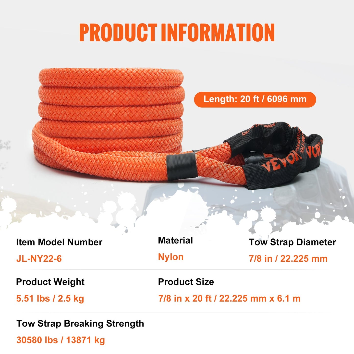 7/8" (2.2 cm) x 20'/6.1 m Kinetic Recovery Tow Rope 30,580 lbs/13,876.4 kg, Heavy-Duty Off Road Snatch Strap, Extreme Duty 30% Elasticity Energy Snatch Strap for Jeep Car Truck ATV UTV SUV Tractor