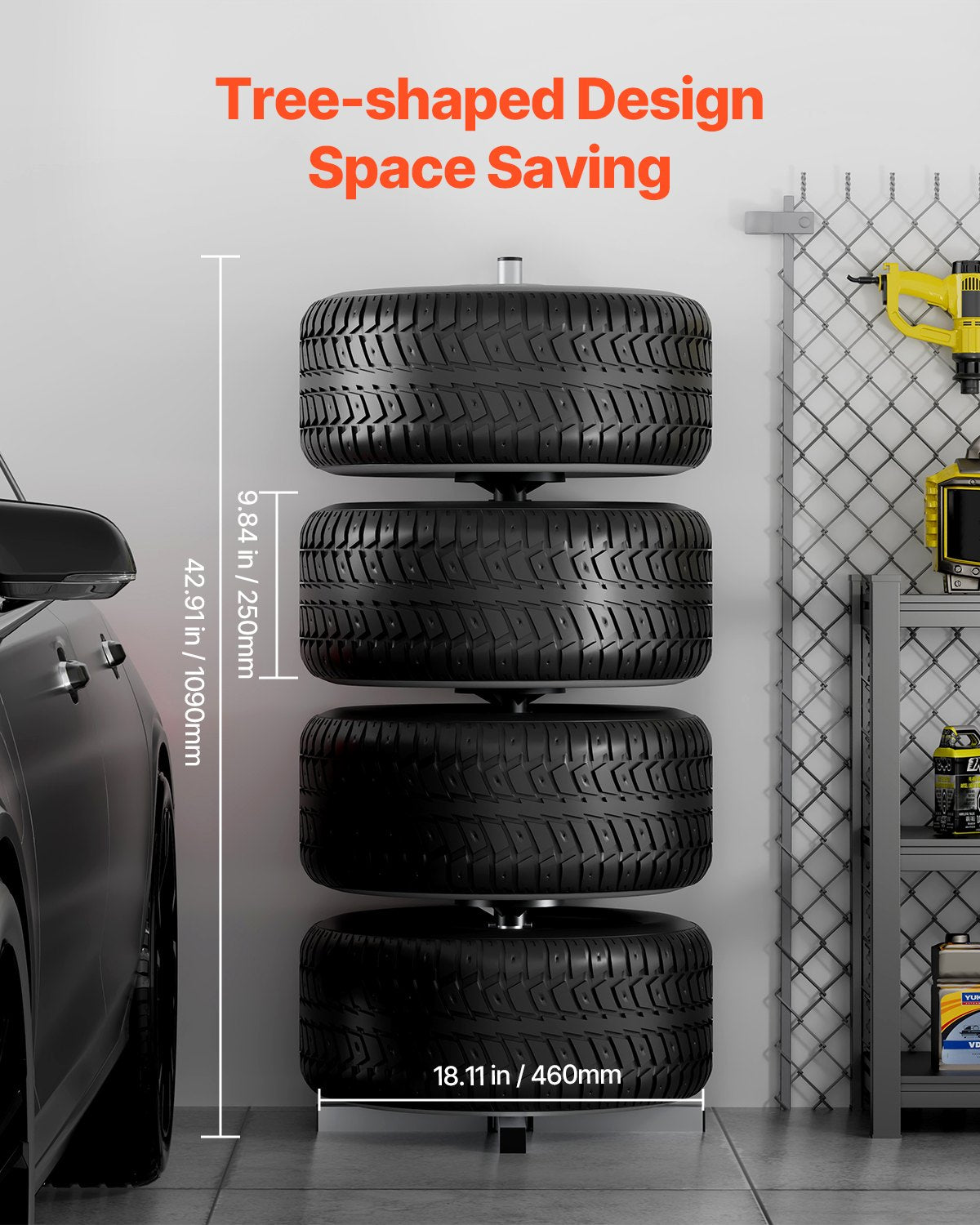 Däckställ, kraftigt däckställ i stål för 4 däck med fälgar, platsbesparande däckhållare för däck upp till 225 mm breda, max 220 lbs lastkapacitet, perfekt för garage och verkstad