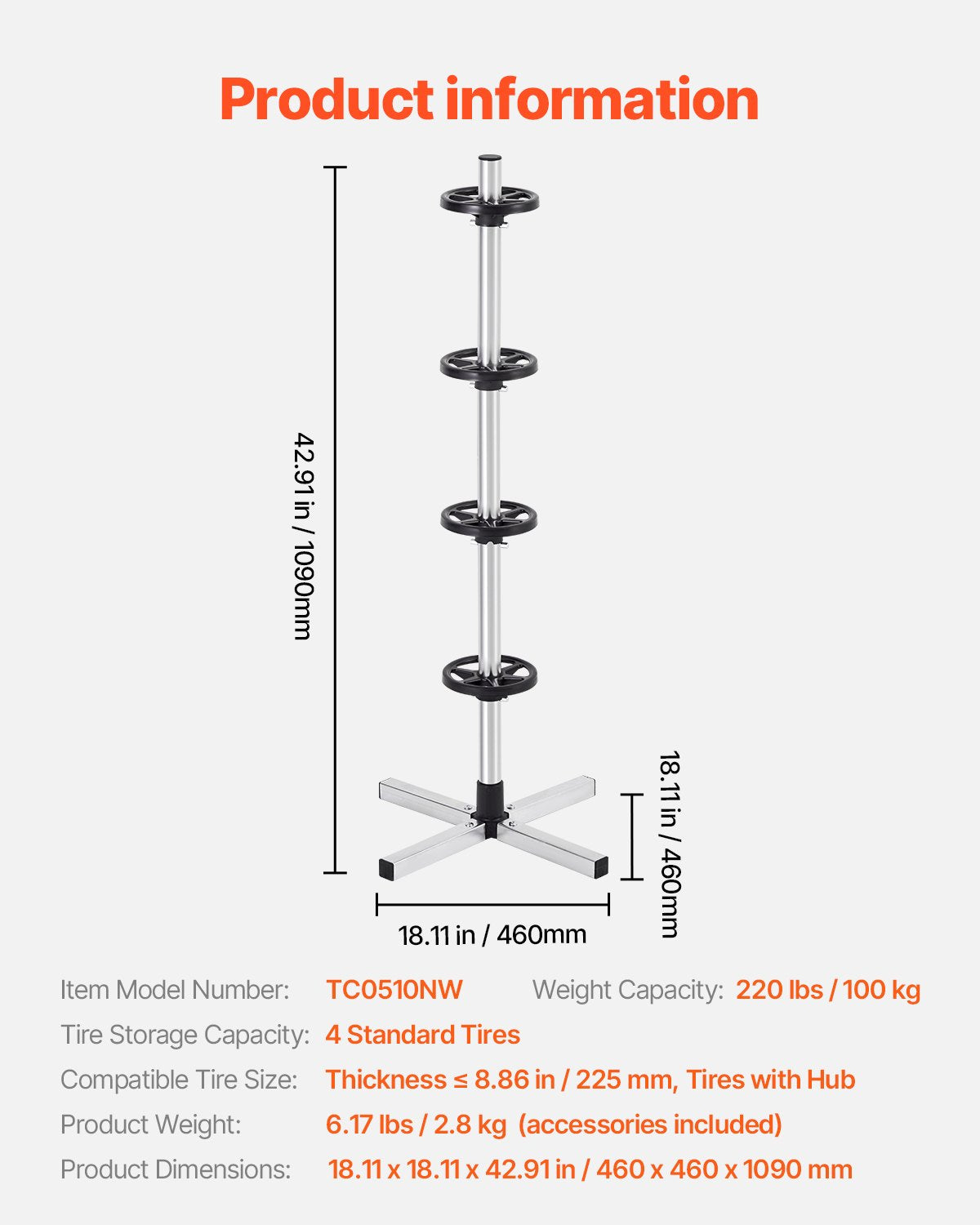 Däckställ, kraftigt däckställ i stål för 4 däck med fälgar, platsbesparande däckhållare för däck upp till 225 mm breda, max 220 lbs lastkapacitet, perfekt för garage och verkstad