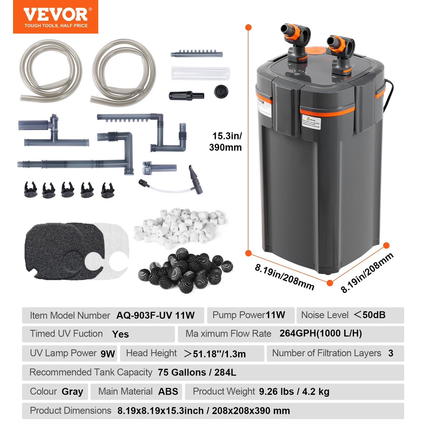 283.9 L Aquarium Canister Filter 11w UV Lamp Fish Tank Quiet