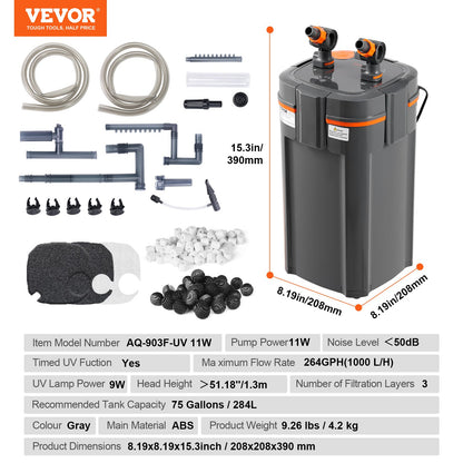 283.9 L Aquarium Canister Filter 11w UV Lamp Fish Tank Quiet