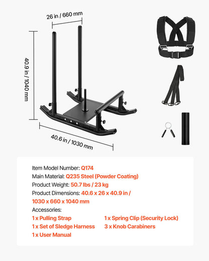 Viktkälke, Stålkraftkälke, Fitness Styrketräningskälkar för Atletisk Träning Hastighetsförbättring, Träningsutrustning med Handtag, Kompatibel med 25/51 mm Viktskivor, Svart