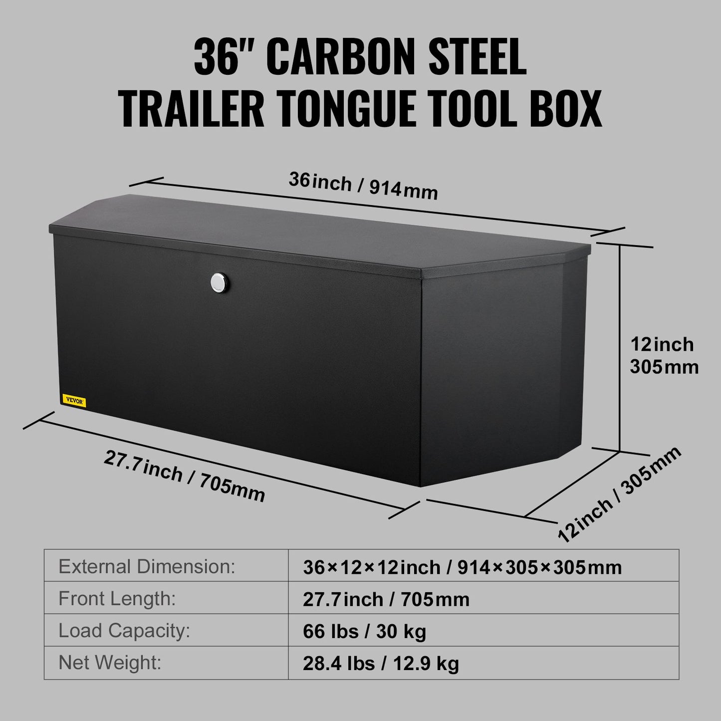 Trailer Tongue Box, Carbon Steel Tongue Box Tool Chest, Heavy Duty Trailer Box Storage with Lock and Keys, Utility Trailer Tongue Tool Box for Pickup Truck Bed, RV Trailer, 36"x12"x12"