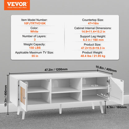 Rattan TV Stand, Boho TV Cabinet for 55 inch TV, Mid Century Modern TV Stand, Rattan TV Console with Adjustable Shelfs for Living Room, Media Room, White