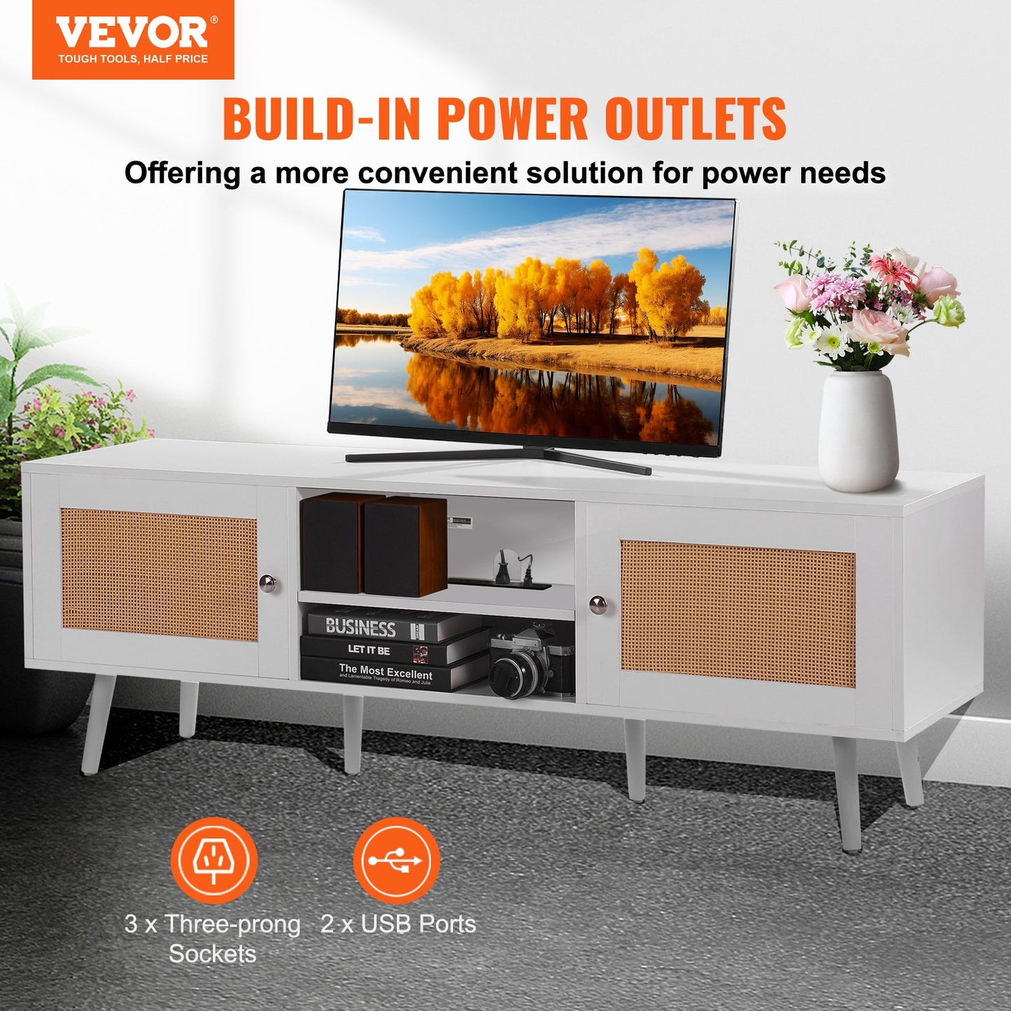 Rattan TV Stand for 65 inch TV, Boho TV Stand with Rattan Door, Entertainment Center with Build-in Socket and USB Ports, Modern TV Console for Living Room, Media Room, White