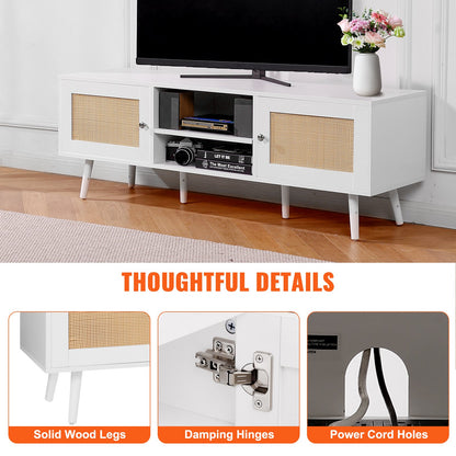 Rattan TV Stand for 65 inch TV, Boho TV Stand with Rattan Door, Entertainment Center with Build-in Socket and USB Ports, Modern TV Console for Living Room, Media Room, White